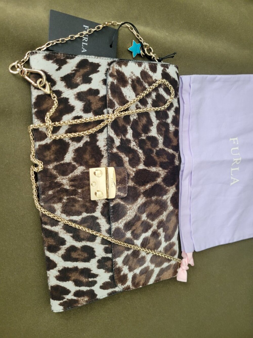 NWT Furla Cowhide Animal Print Leather Gold Chain Clutch Shoulder Bag Italy - Picture 12 of 16